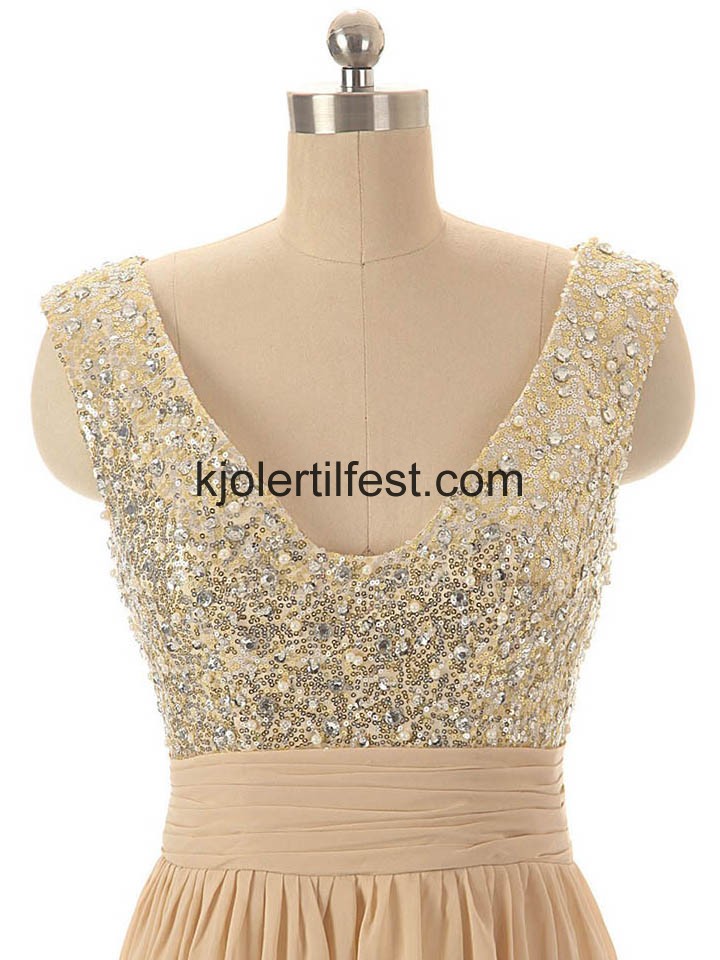 V-hals A-Linje Gulvlengde Champagne Chiffon Selskapskjoler