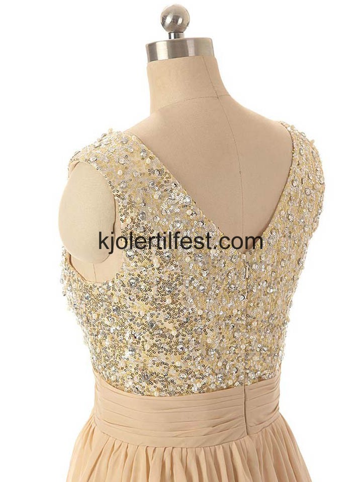 V-hals A-Linje Gulvlengde Champagne Chiffon Selskapskjoler