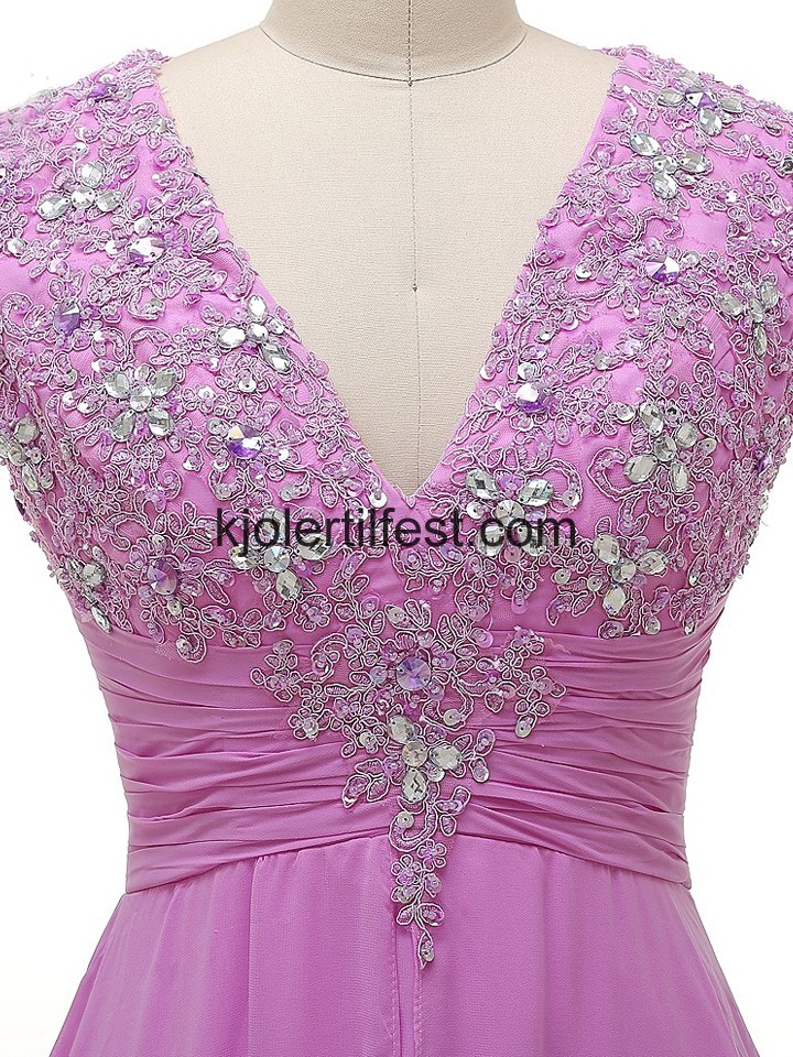 V-hals A-Linje Blonder Perler Chiffon Selskapskjoler