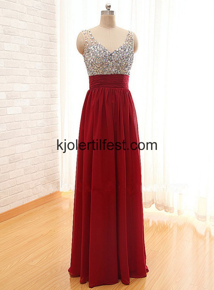 V-hals A-Linje Lange Burgund Chiffon Ballkjoler