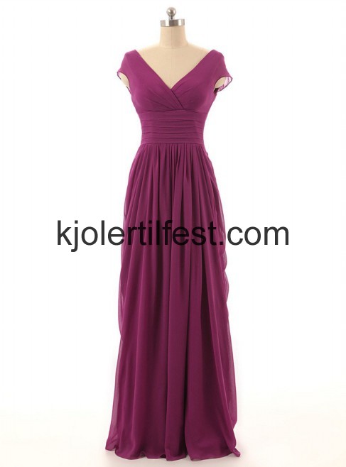 V-hals A-Linje Lange Fuksia Chiffon Kjoler Til Brudens Mor