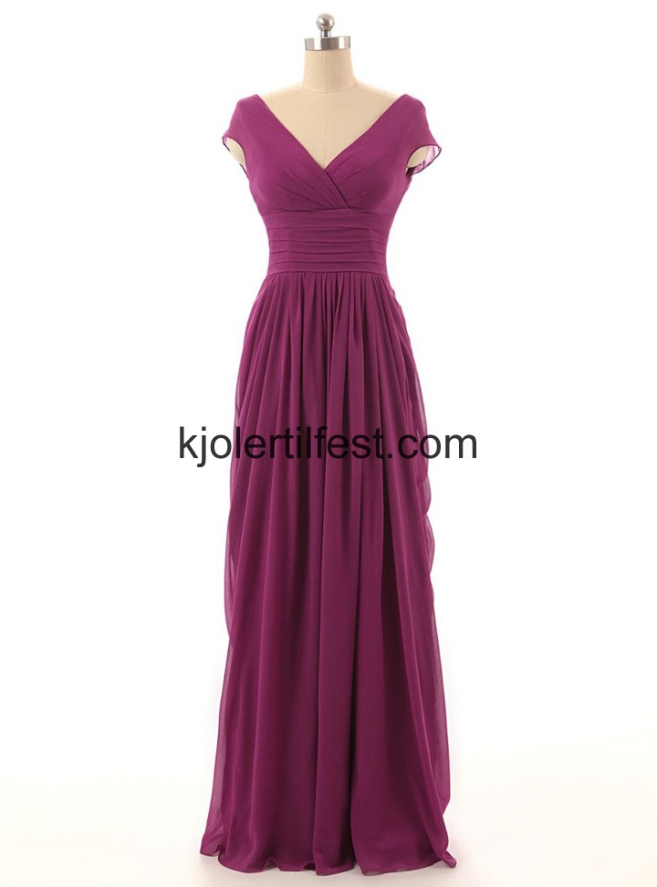V-hals A-Linje Lange Fuksia Chiffon Kjoler Til Brudens Mor