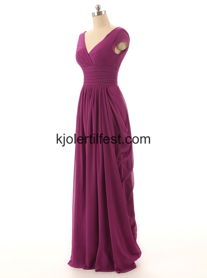 V-hals A-Linje Lange Fuksia Chiffon Kjoler Til Brudens Mor