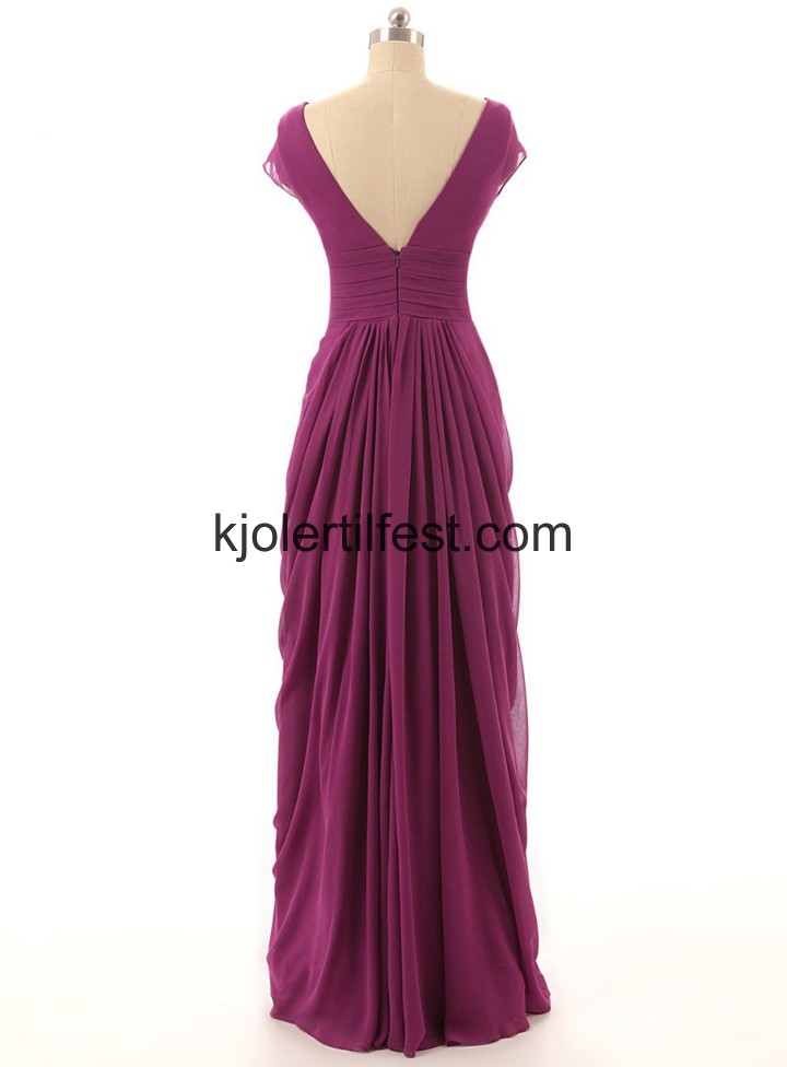 V-hals A-Linje Lange Fuksia Chiffon Kjoler Til Brudens Mor