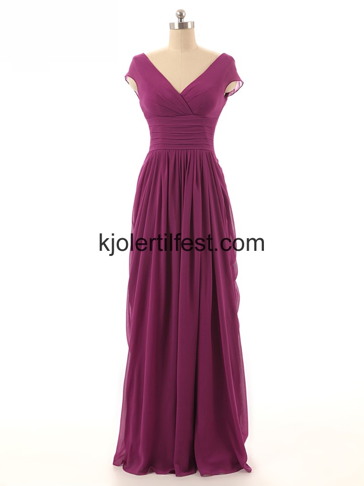 V-hals A-Linje Lange Fuksia Chiffon Brudepikekjoler
