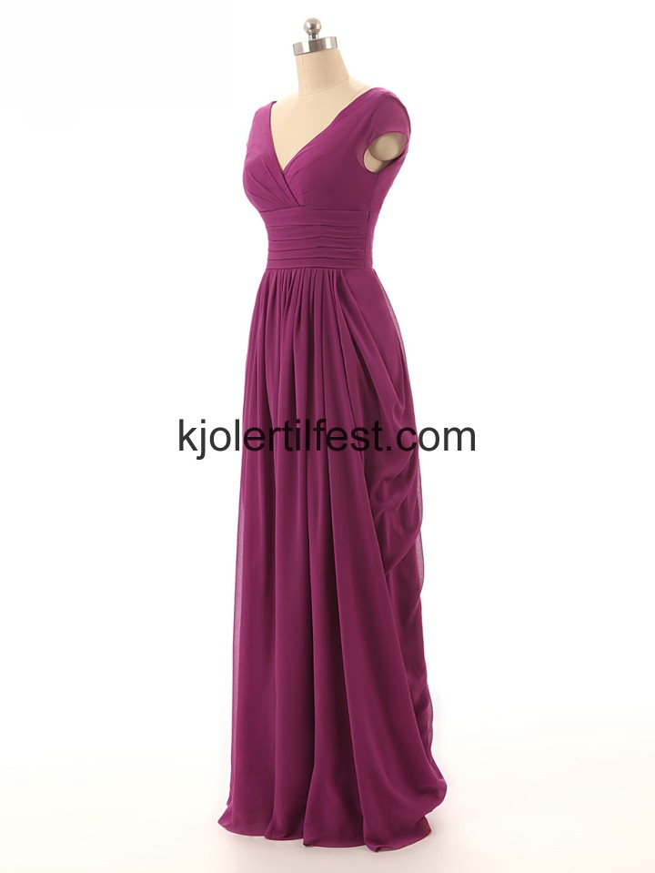 V-hals A-Linje Lange Fuksia Chiffon Brudepikekjoler