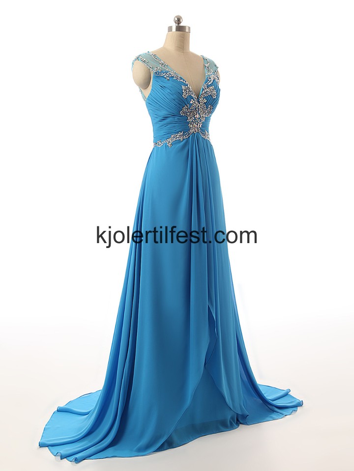 V-hals Feie tog Bl Chiffon Ballkjoler
