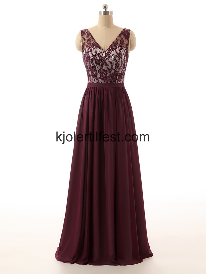 V-hals Gulvlengde Burgund Chiffon Ballkjoler