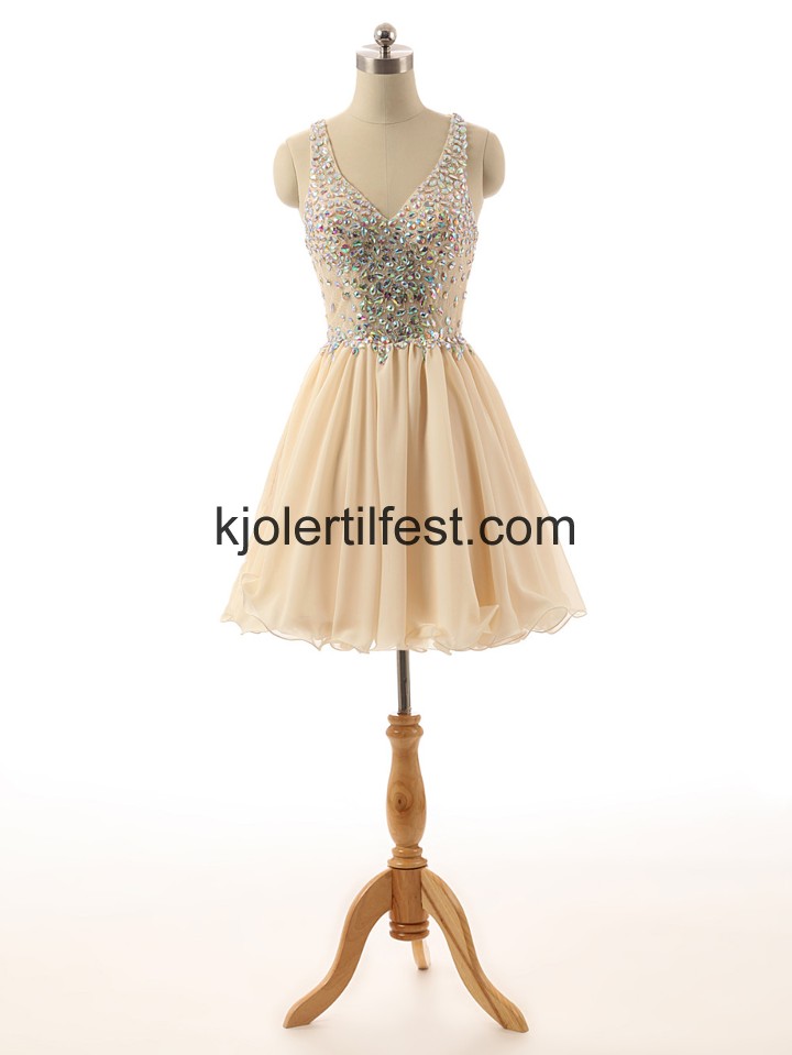 V-hals Kort Champagne Chiffon Cocktailkjoler