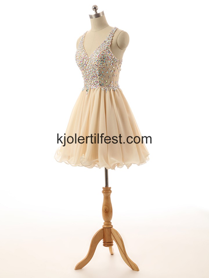 V-hals Kort Champagne Chiffon Cocktailkjoler