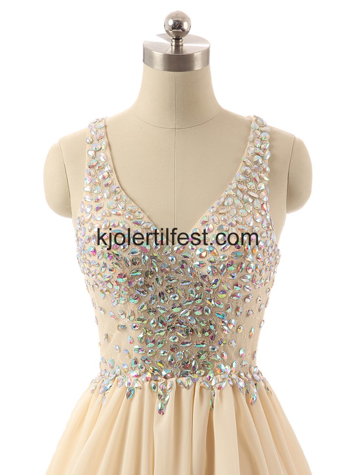 V-hals Kort Champagne Chiffon Cocktailkjoler