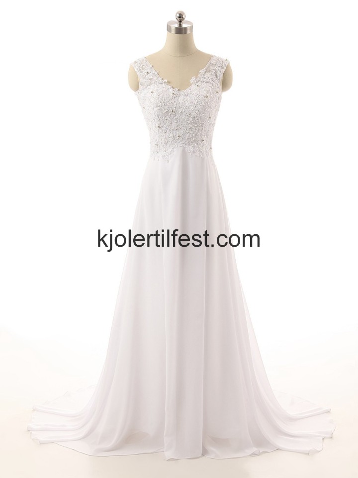 V-hals Lange Hvit Chiffon Brudekjoler