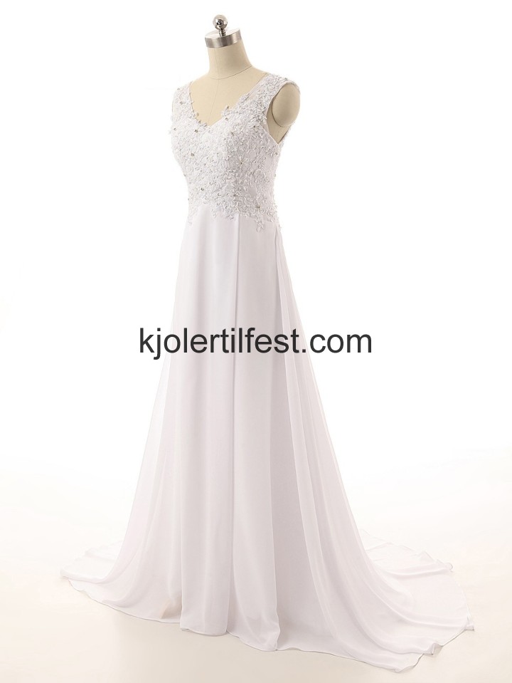 V-hals Lange Hvit Chiffon Brudekjoler