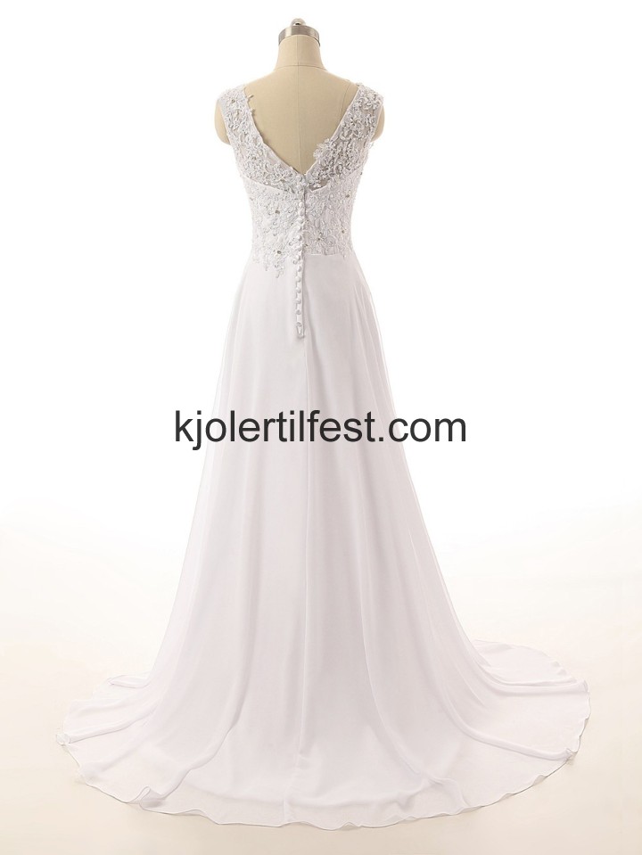 V-hals Lange Hvit Chiffon Brudekjoler