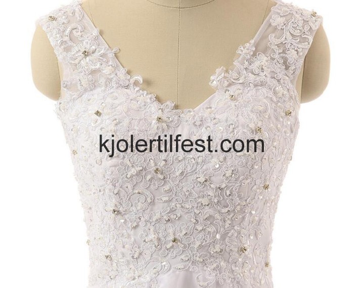 V-hals Lange Hvit Chiffon Brudekjoler