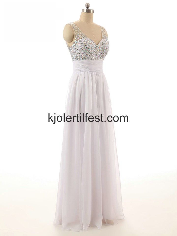 V-hals Stropper A-Linje Hvit Chiffon Ballkjoler