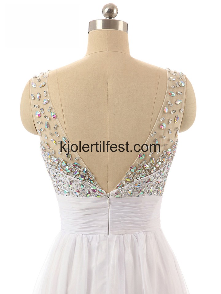 V-hals Stropper A-Linje Hvit Chiffon Ballkjoler
