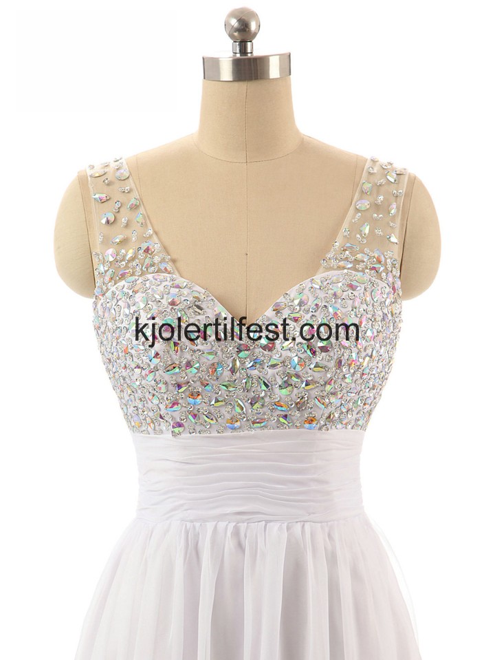 V-hals Stropper A-Linje Hvit Chiffon Ballkjoler