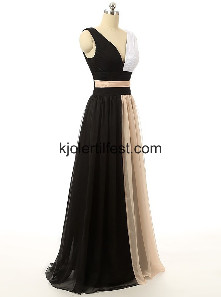 V-hals Svart/Hvit Lange Chiffon Ballkjoler