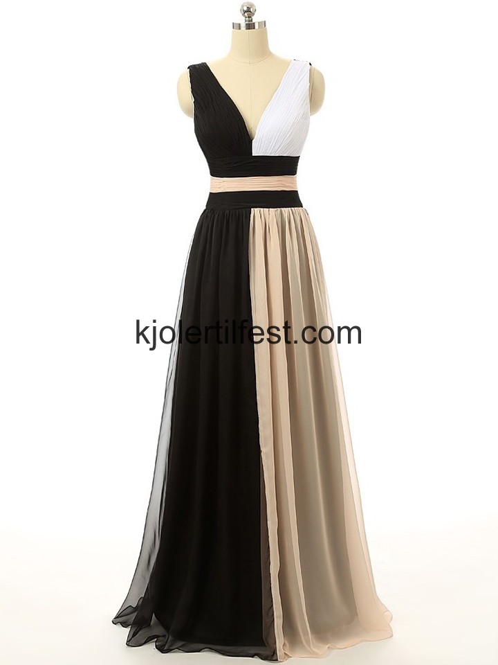 V-hals Svart/Hvit Lange Chiffon Selskapskjoler