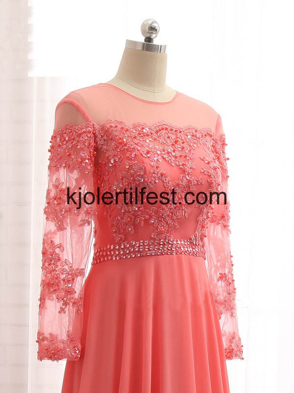 Vannmelon Lange-Ermer Perler Chiffon Kjoler Til Brudens Mor