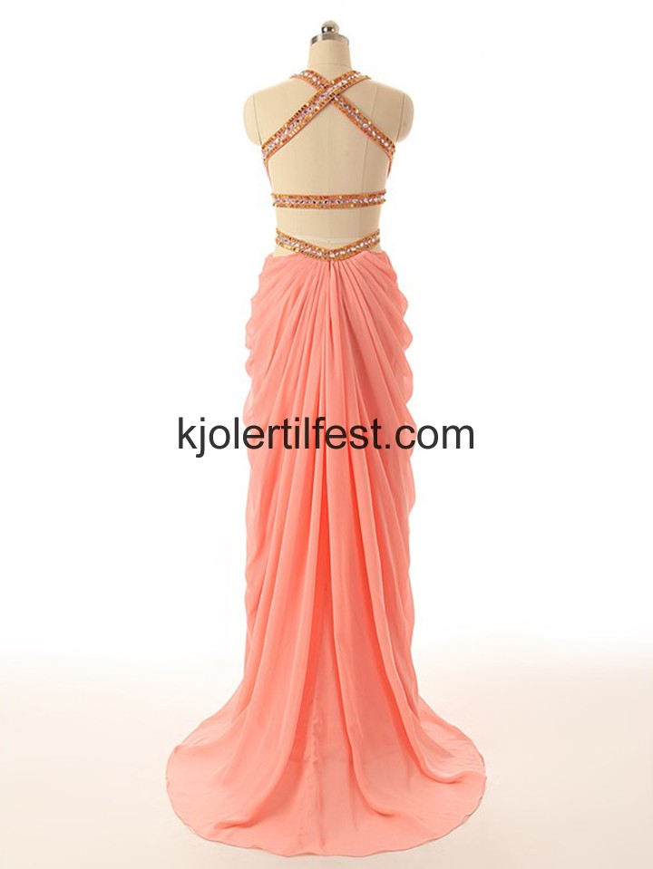 Vannmelon V-hals Lange Chiffon Ballkjoler