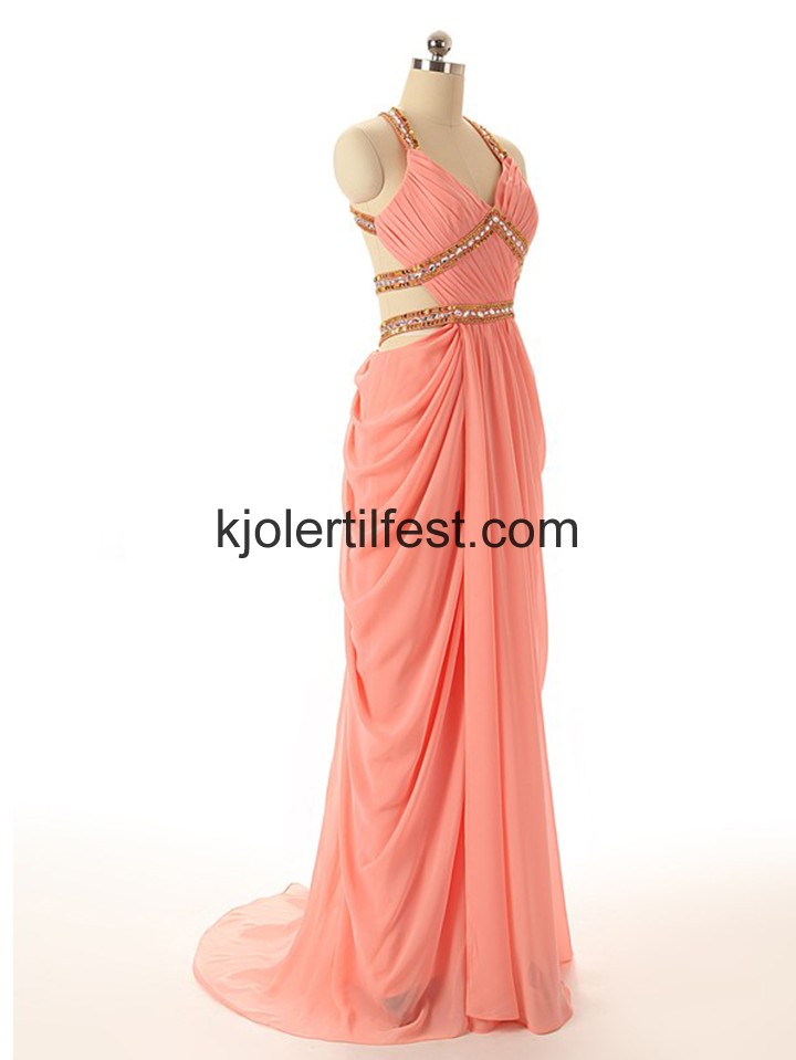 Vannmelon V-hals Lange Chiffon Ballkjoler