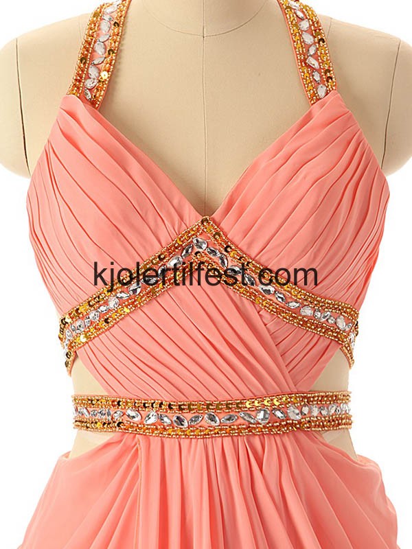 Vannmelon V-hals Lange Chiffon Ballkjoler