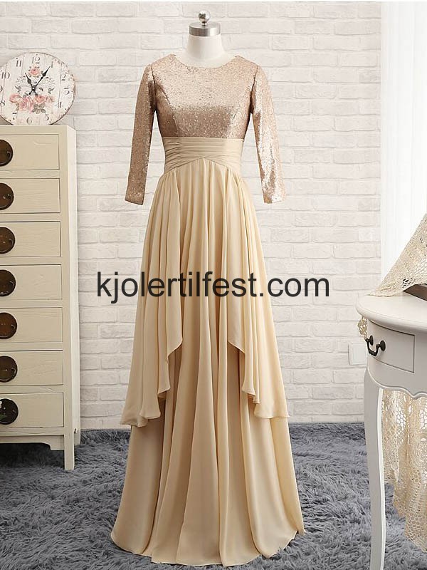 Champagne Lange-Ermer Chiffon Kjoler Til Brudens Mor
