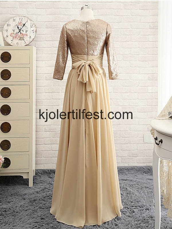 Champagne Lange-Ermer Chiffon Kjoler Til Brudens Mor