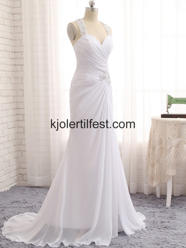 Hvit Havfrue Stoppet Chiffon Lange Ballkjoler