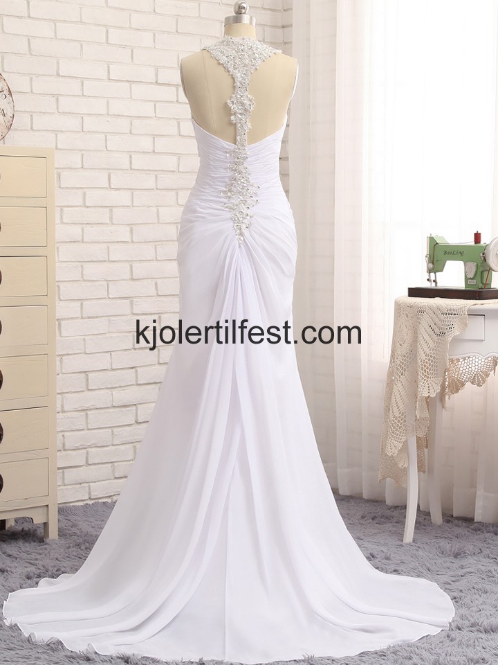 Hvit Havfrue Stoppet Chiffon Lange Ballkjoler