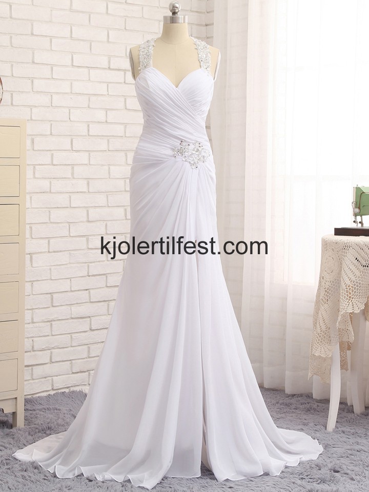 Hvit Havfrue Stoppet Chiffon Lange Selskapskjoler